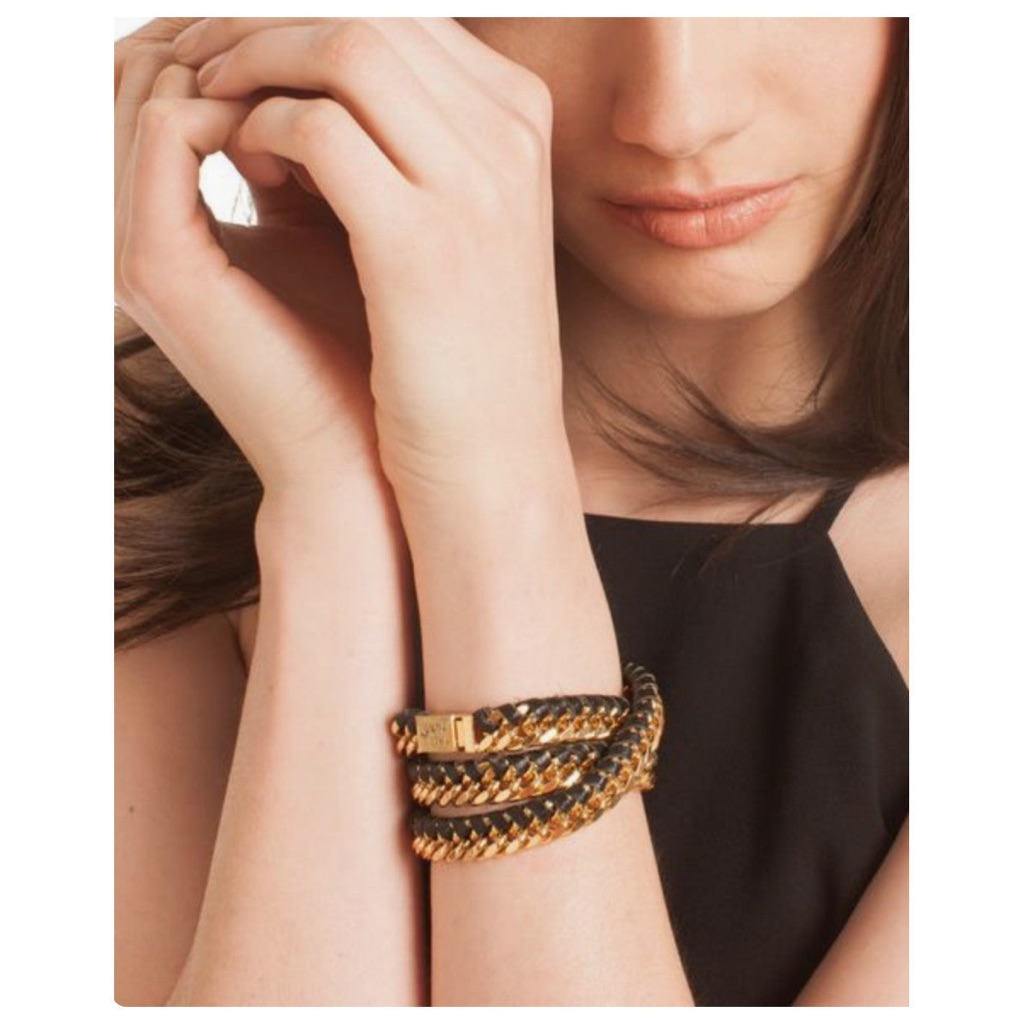 Euc Trina Turk Leather Wrapped Gold Chain Necklace Bracelet 27$
